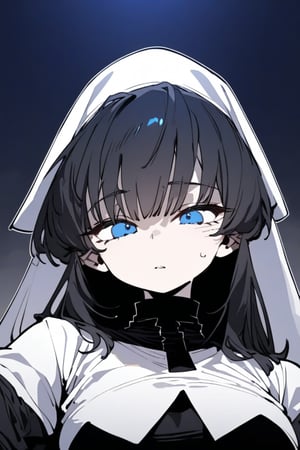 1girl, solo, black hair, long hair, upper body, masterpiece, best quality, very aesthetic, absurdres,gotou hitori, sagawa, fucking, masterpiece, high quality, only black hair, nun clothes, feel disgusting, blue eyes, censored, discust, cute