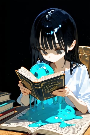 1 girl, studying, high quality, masterpiece, delicious!, cute, upper-body, wearing white neat, long black hair, 
whole body is grapped by slime