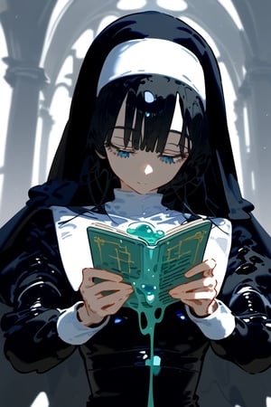 1 girl, studying, high quality, masterpiece, delicious!, cute, upper-body, wearing white neat, long black hair, grapped by slime, slime grapping, nun