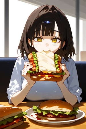 1 girl, eating sandwich, high quality, masterpiece