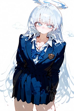 1 white hair angel girl, white school uniform, sexy, sweat, we long hair, blue eyes, cute eyes, hot, sweating