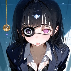 1 black long hair human, cute girl, wearing school uniform, black bra, wet, sweating, shy, shame, temptation, 2 eye patches, hypnosis, saliva