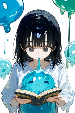 1 girl, studying, high quality, masterpiece, delicious!, cute, upper-body, wearing white neat, long black hair, grapped by slime, slime grapping