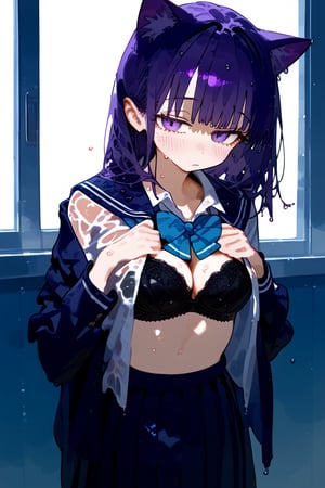 1 purple hair cat human, cute girl, wearing school uniform, black bra, wet, sweating, shy