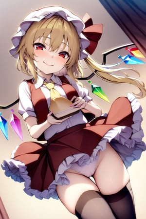 masterpiece, best quality,
flandre scarlet, 1girl, solo, mob_cap, yellow hair, red eyes, blush, looking_at_viewer, puffy_short_sleeves, white_shirt, red_skirt, red_vest, black_thighhighs, side ponytail, smile,