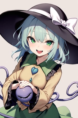 masterpiece, best quality,1_girl, komeiji koishi,1girl, solo, third_close eye, heart_of_string, green_skirt, yellow_shirt, wide_sleeves, long_sleeves,  simple_background, looking_at_viewer, upper body, black_headwear, hat_ribbon, frilled_sleeves, blush, frilled_shirt_collar, hat_bow, open_mouth, smile