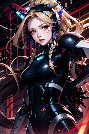 robot woman, naked, white, synthetic skin (no metal), long blonde hair gathered in a ponytail (braid), manufacturing lines all over the skin, mechanical eyes, red lips, Hd, anime, like deviant art.