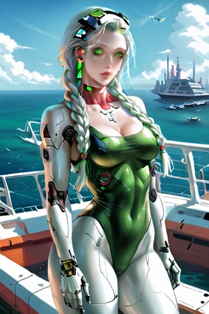 A Sexy metal robot (White skins), beutiful, Green eyes,  Cyborg. braids on the head,   tight uniform, on the roof of a boat, overlooking the sea, behind espectacular clear blue sky and solitaire island, cyberpunk Future, Hd.