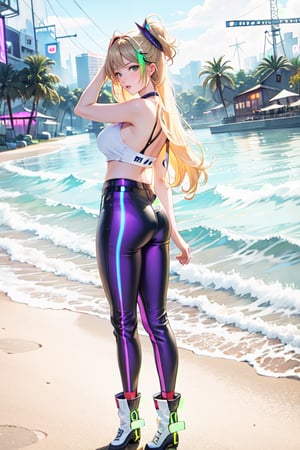 A sexy young woman (masterpiece),(solo), Long Blonde hair, Big breast, green eyes, Nice body, a huge complex on the sea (highly detailed background of achitechture with neon lights) blue sky, cloudscape ,Cyberpunk, Enhance, Hd.,Colorful Binary Code Energy.,Colorful Binary Code Energy.,Colorful Binary Code Energy