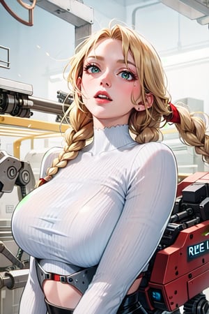 robot woman, naked, white, synthetic skin (no metal), long blonde hair gathered in a ponytail (braid), manufacturing lines all over the skin, mechanical green eyes, red lips, Hd, anime, like deviant art.