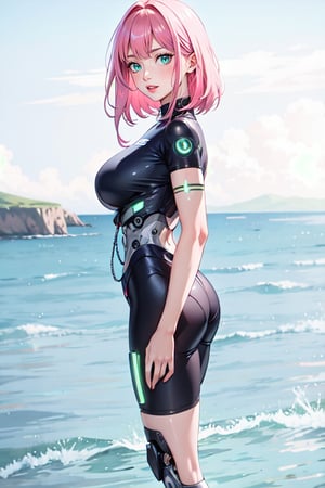 robot (Cyborg) woman, body fitness white, Big breast, Nice ass, ((synthetic skin (no metal) manufacturing lines all over the skin)), short pink hair. Mechanical green eyes, red lips, landscape into The sea, Blue sky, Hd, anime, like deviant art.,Colorful Binary Code Energy,DonMW15p,plasttech