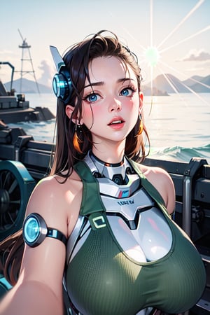 robot (Cyborg) woman, body fitness white, Big breast, ((synthetic skin (no metal) manufacturing lines all over the skin)), Long Brown hair. Mechanical green eyes, red lips, landscape into The sea, Blue sky, Hd, anime, like deviant art.,Colorful Binary Code Energy,DonMW15p,plasttech