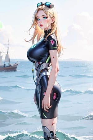 robot (Cyborg) woman, body fitness white, Big breast, ((synthetic skin (no metal) manufacturing lines all over the skin)), Long blonde hair. Mechanical green eyes, red lips, landscape into The sea, Blue sky, Hd, anime, like deviant art.,Colorful Binary Code Energy,DonMW15p,plasttech