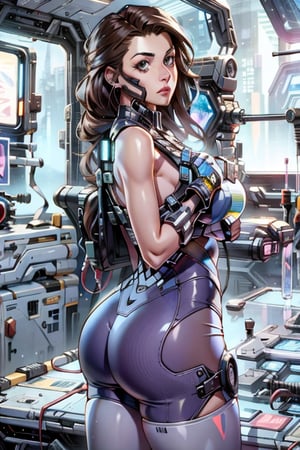 beutiful woman, clear skin, Nice body, Big breast,  long Brown hair, grays eyes,  future tight uniform (licra),  Portal to another WORLD, oceanic, Science Fiction, COWBOY SHOT. Hd.,Cyberpunk style props