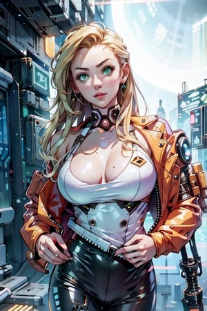 beutiful woman, clear skin, Nice body, Big breast,  long Blonde hair, green eyes,  future tight uniform (licra),  Portal to another WORLD, oceanic, Science Fiction, COWBOY SHOT. Hd.,Cyberpunk style props