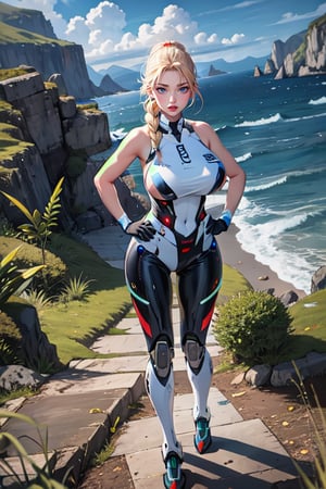 robot (Cyborg) woman, body fitness white, Big breast, ((synthetic skin (no metal) manufacturing lines all over the skin (face, hands))), long Blonde hair gathered in a ponytail (braid), mechanical green eyes, red lips, landscape into The sea, Blue sky, Hd, anime, like deviant art.,Colorful Binary Code Energy,DonMW15p,plasttech
