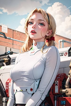 robot woman, naked, white, synthetic skin (no metal), long blonde hair gathered in a ponytail (braid), manufacturing lines all over the skin, mechanical green eyes, red lips, Hd, anime, like deviant art.,Colorful Binary Code Energy,DonMW15p,plasttech