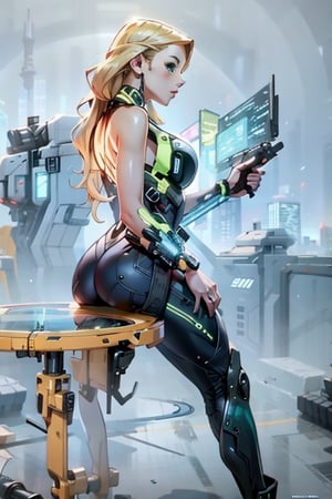 beutiful woman, clear skin, Nice body, Big breast,  long Blonde hair, green eyes,  future tight uniform (licra),  Portal to another WORLD, oceanic, Science Fiction, COWBOY SHOT. Hd.,Cyberpunk style props