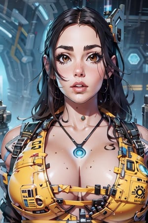 beutiful woman, clear skin, Nice body, Big breast,  long Black hair, Brown eyes,  future tight uniform (licra),  Portal to another WORLD, oceanic, Science Fiction, COWBOY SHOT. Hd.,Cyberpunk style props