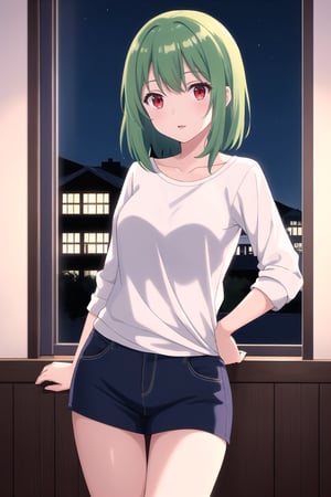 woman, medium hair, green hair, red eyes, casual clothes, inside a house at night,