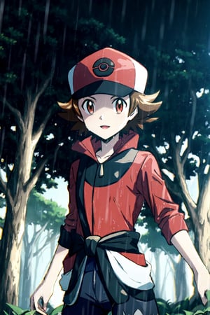 Hilbert (pokemon), red_masters, background forest while it's raining hard, waist up, details,