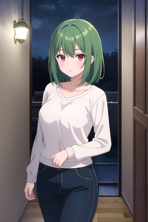 woman, medium hair, green hair, red eyes, casual clothes, inside a house at night,