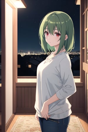 woman, medium hair, green hair, red eyes, casual clothes, inside a house at night,