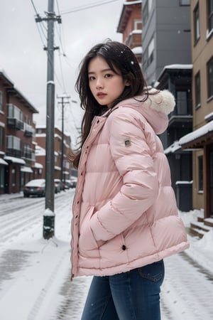 Cute girl with long hair and a stunning pink winter coat stands tall in the midst of a snowy cityscape. Jeans-clad legs are posed confidently as she gazes up at the cloudy sky, delicate features illuminated by the soft fall of snowflakes. In 4K ultra HD RAW photo quality, her porcelain-like skin glows with a subtle warmth. The 50mm lens captures her half-body, medium shot amidst the winter wonderland, showcasing high-fashion elegance and serenity.