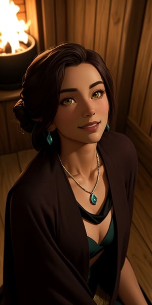 Korra's dark skin glistens as she lounges on the small couch in the cozy cabin, her slim build and messy bun adding to her sultry allure. Bangs framing one eye, tendrils of hair escaping. Her snub nose crinkles as she smiles seductively at the viewer from a mere inches away. Her large brown eyes sparkle with mischief, lips slightly parted as if inviting a kiss. The deep red cape flows behind her like a river of passion, while the simple necklace catches the warm firelight. As the viewer's gaze meets hers, Korra's gaze holds theirs captive, the air thick with anticipation.