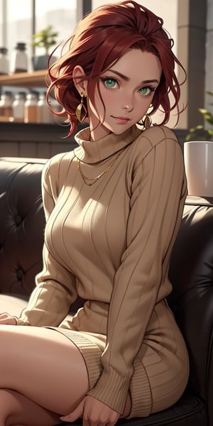 A mature woman, age 35, dark skin, red hair up, loose tendrils of hair, large nose, green eyes, fit build,  gold jewelry, looking at viewer, wearing a warm toned sweater dress , sitting in a coffee shop, drawn in the style of octopath traveler