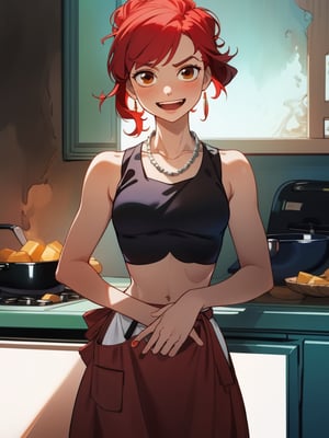 mature female, age 26, pale skin, slim build, medium breasts, tall, red hair, messy bun, bangs, round face, small brown eyes, wide jaw, 
Necklace, 
laughing, facing viewer, hands out to sides, 
blouse with ruffles, bare_midriff, leather vest, bare stomach,
Long skirt, waist apron, belt knife sheath,
Standing in an open air kitchen, kitchen accident, spill
,W.I.T.C.H.