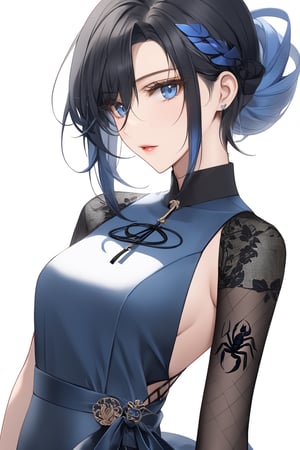 dongtan dress,body,hair black and blue, blueeyes,beautiful,Scorpion tattoo