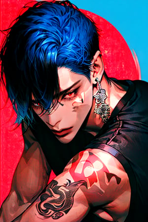 solo,long hair,red eyes,1boy,hair between eyes,jewelry,upper body,blue hair,male focus,long hair,earrings,two-tone hair,fingernails,tattoo,piercing,black nails, arm tattoo