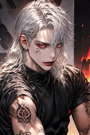 solo,long hair,red eyes,1boy,hair between eyes,jewelry,upper body,white hair,male focus,multicolored hair,earrings,two-tone hair,fingernails,tattoo,piercing,black nails, arm tattoo,middle finger