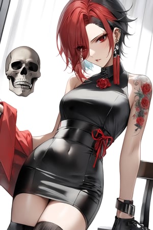 dongtan dress,body,hair black,red eyes,skull tattoo on leg