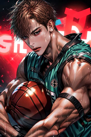 boy playing basketball, brown hair with curlers, dark skin, sweaty, beautiful, muscular, cute, long brown curly hair,kise ryouta