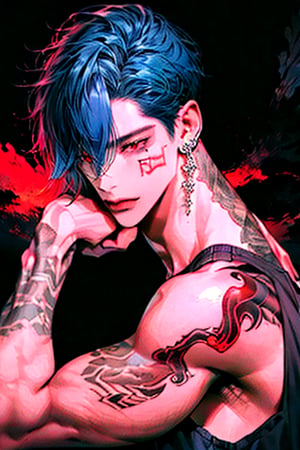 solo,long hair,red eyes,1boy,hair between eyes,jewelry,upper body,blue hair,male focus,longhair,earrings,two-tone hair,fingernails,tattoo,piercing,black nails, arm tattoo