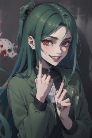 girl,smile,edgGesugao,middle finger,green theme,blood