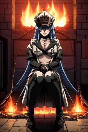 Esdeath, military officer hat, full body, smirking, women, big boobs, mark on chest,

BREAK
Dungeon, Fire, Chains

BREAK 
8K, Dense Atmospheric, Muted Tones with Pops of Vibrant Hues