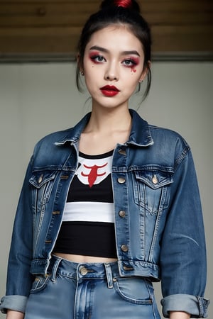 beautiful detailed eyes, harley quinn makeup, black eyeshadows, tight jeans, cropped denim jacket, punk girl hairstyle, make-up