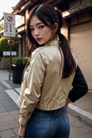 Japanese fashion influencer in her 20s standing candidly, natural pose, fitted jeans, cropped fitted denim jacket, captured from the back, raw style, black goth lips style, long hair ponytail, black eyeshadows, Sony A7III, aspect ratio 1:2, hyperreal, photorealistic quality, dramatic backlighting, soft shadows, depth of field, ultra clear, UHD drawing