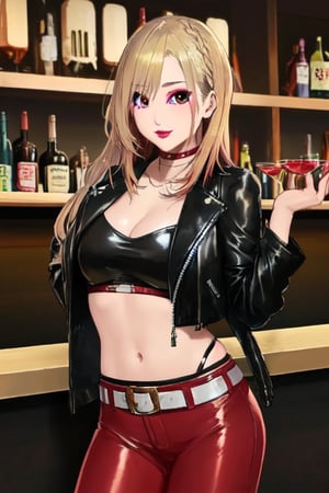 Japanese female night girl, she is a bad girl, hot makeup, red lips, teacher fashion style, leather pants, biker leather female jacket, blonde haircolor, kairi sane face, kairi sane hairstyle, she is posing sexy and sugestive in a bar,kairisane