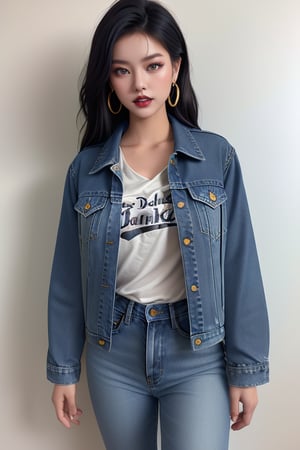 supermodel asian girl, 19 years old, beautiful detailed eyes, t, make-up, dark lips, posing sexy, 80s hairstyle, loose 80s levis jeans type, jack daniels t-shirt resemble, 80s levi's denim jacket type in very strong acid wash blue color, large hoop earrings