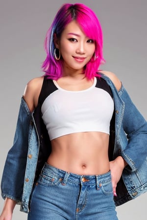 Asuka is a supermodel girl flirting with you and she poses provocatively, 17 years old, smiling flirty, hoop earrings, slim body, asuka hair style, asuka makeup, pink blue hair color, she is wearing a cropped fitted sexy levis denim jacket, tight levi's jeans and a sexy cropped t-shirt