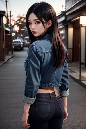 Japanese fashion influencer in her 20s standing candidly, natural pose, fitted jeans, cropped fitted denim jacket, captured from the back, raw style, black goth lips style, black eyeshadows, Sony A7III, aspect ratio 1:2, hyperreal, photorealistic quality, dramatic backlighting, soft shadows, depth of field, ultra clear, UHD drawing