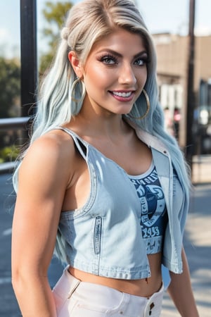 American woman 30 years old resembling Alexa Bliss, she is wearing levis jeans (short, tight, light blue color) and a ex-boyfriend levis denim jacket (light blue color), beautiful long hair, alexa bliss face, alexa bliss hairstyle, harley quinn makeup, posing, daylight, full body image, large hoop earrings, photoshoot