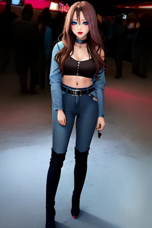 Japanese woman wearing cropped light blue denim jacket and tight light blue jeans, fashion belt, shiny brown long hair with fringe, fashion girl make-up, flirty lips, she is dating with you in a night club, full body shot, high heel boots, 36 years old