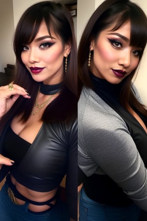 beautiful detailed eyes, sexy supermodel detailed makeup, dark lips, kairi sane hairstyle, black eyeshadows, flirty look, tight jeans, denim jacket, Cardi B