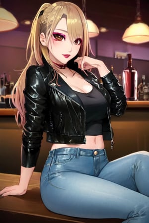 Japanese female night girl, she is a bad girl, hot makeup, red lips, teacher fashion style, hot jeans, biker leather female jacket, blonde haircolor, kairi sane face, kairi sane hairstyle, she is posing sexy and sugestive in a bar,kairisane