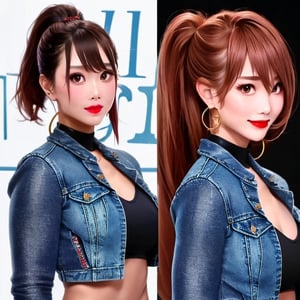 slim girl, beautiful detailed eyes, tight jeans, cropped denim jacket, kairi sane hairstyle, kairi sane face, red lips,1girl folded ponytail, hoop earrings,kairisane